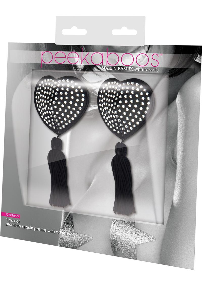 Black Satin Heart/White Stone and Tassel - Black/White