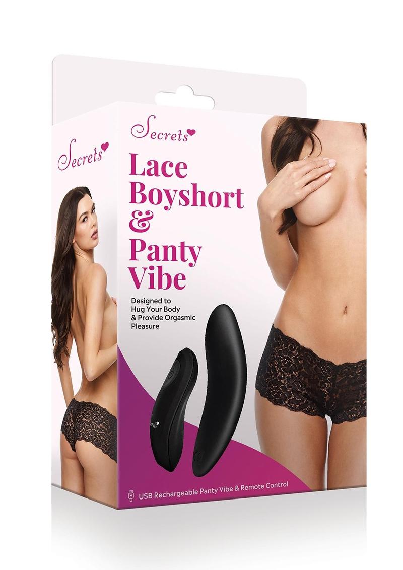 Lace Boyshort and Rechargeable Vibe - Black - One Size