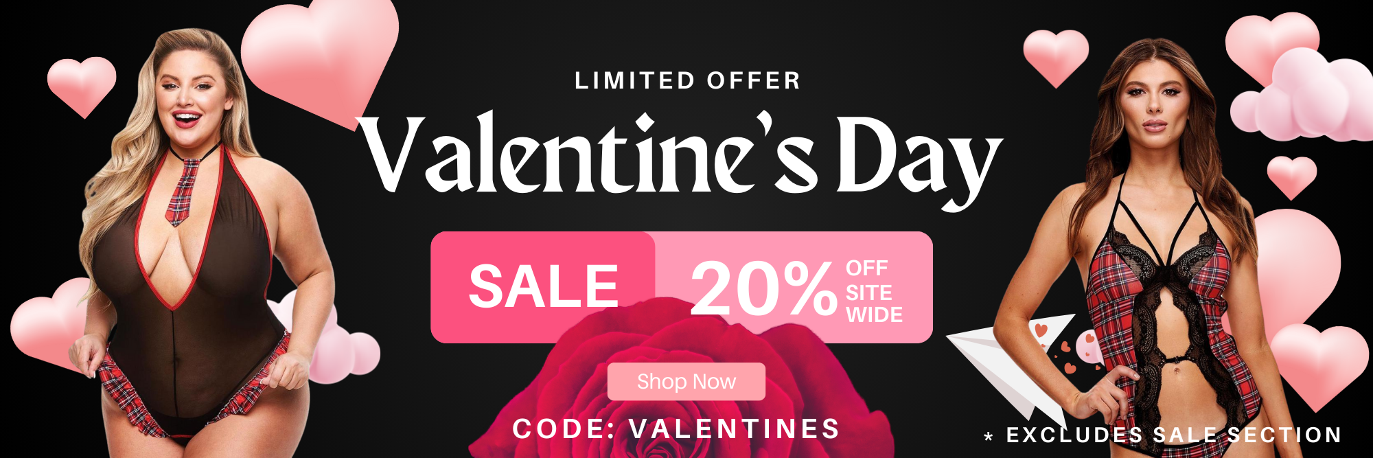 Valentine's Day sale advertisement with two models in lingerie and heart-shaped balloons.